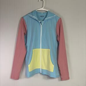 NWT Lands' End Blue, Red, Yellow Striped Light Weight Zip Up Jacket Small SS0868